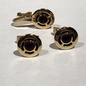 Jacob Oldak 1950s Vintage Round Gold tone Cufflinks and Tie Clip